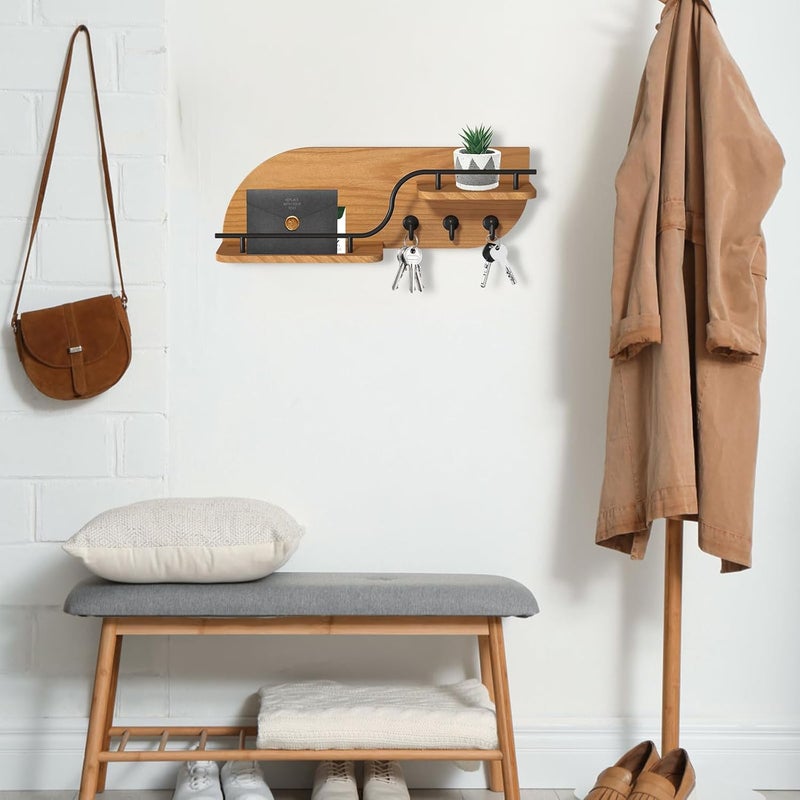Karisky Modern Decorative Key and Mail Holder with 2 Floating Shelves, Wood Wall Mounted Key Organizer with 3 Metal Hooks for Home Entryway, Brown - Image 4